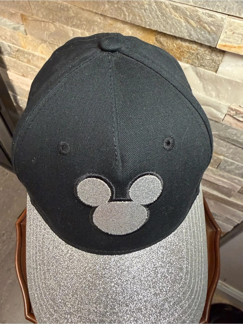 Disney OS Black Baseball Sparkly Silver Glitter Brim Mickey Mouse Silhouette Cap